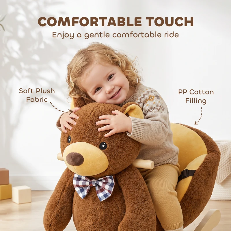 AIYAPLAY Rocking Horse Toy, Cartoon Bear Wooden Ride on Horse with Seat Belt, Music, Pretend Play Toy for Toddlers 18-36 M, Brown