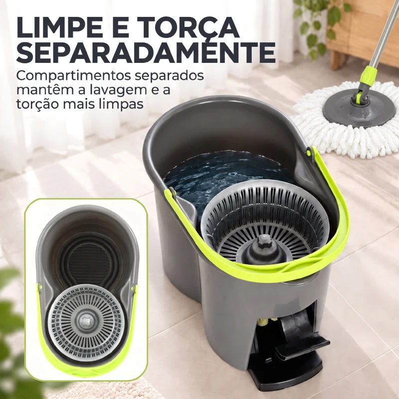 HOMCOM Conjunto de Esfregona e Balde com Espremedor 2 Compartimentos Balde de 20 L 5 Mopas de Microfibra Uso a Seco e Húmido Cinza Escuro