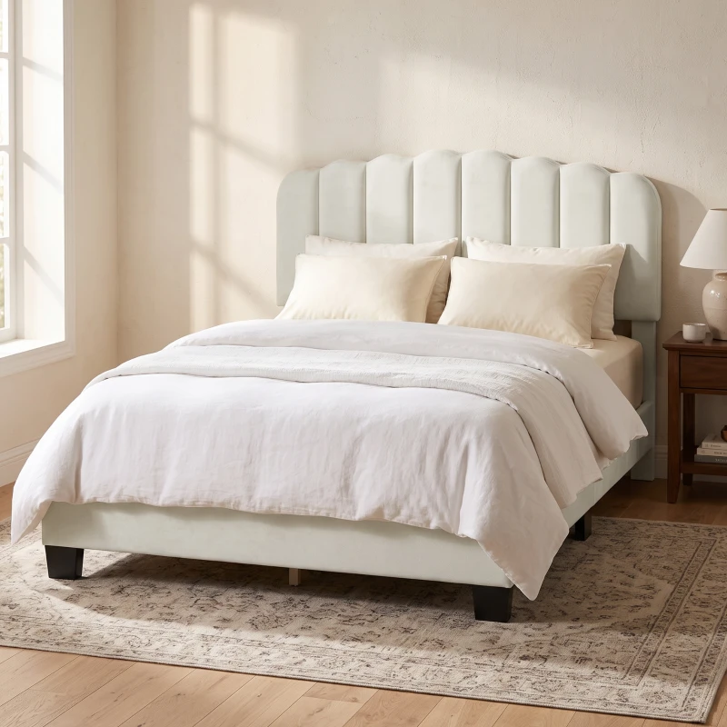 HOMCOM Cadre de Lit 140 x 190 cm avec Tête Réglable, Lit Double Rembourré en Velours, Sommier à 12 Lattes en Bois, Crème