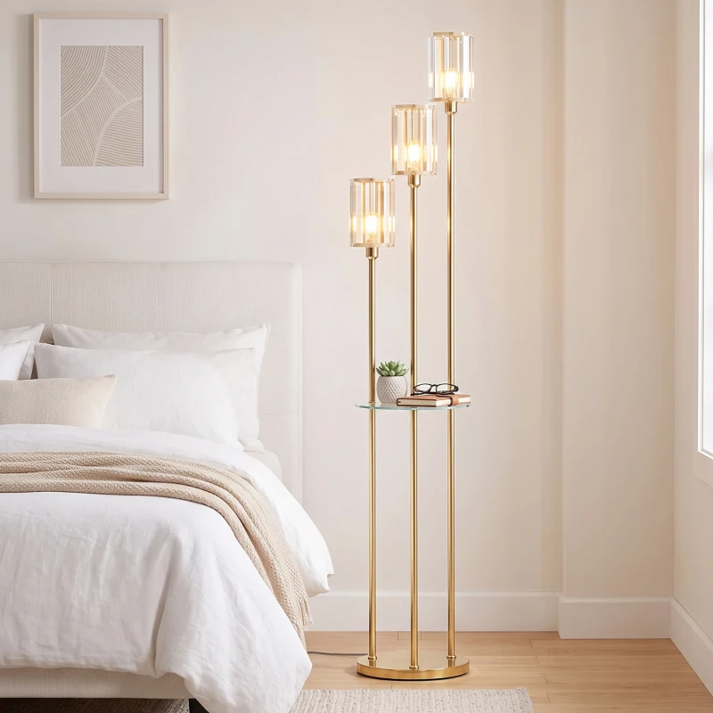 HOMCOM Lampadaire Étagère Verre 3 Lumières Lampe sur Pied Abat-jour Verre Doré