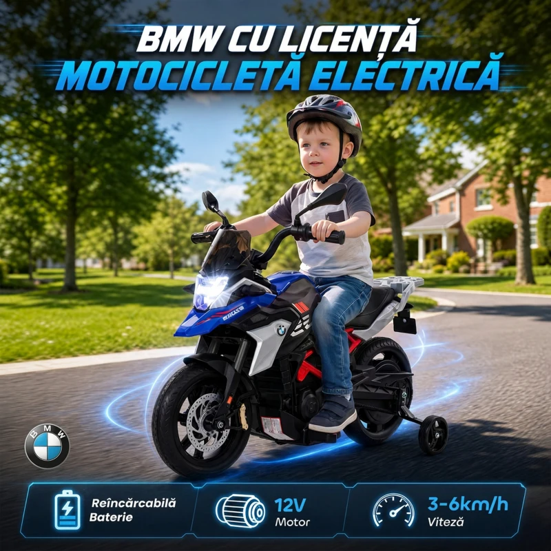 AIYAPLAY Motocicletă Electrică pentru Copii 3-8 Ani 12V, Licență BMW G310 GS, Baterie cu Litiu, Roți Ajutătoare Detașabile, Albastru