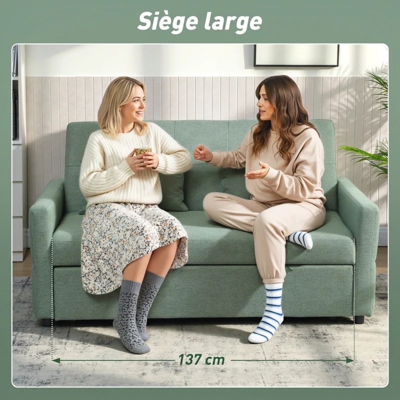 HOMCOM Canapé Convertible 2 Places 3 en 1, Canapé-Lit Clic Clac 160 cm, Dossier Réglable, Assise Large, 2 Oreillers, Vert