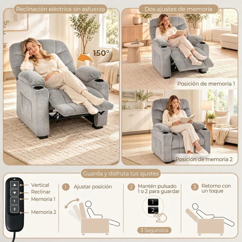 HOMCOM Sillón Relax Reclinable Eléctrico Silencioso con Función Memoria Reposapiés Mando a Distancia Bolsillos Laterales Gris