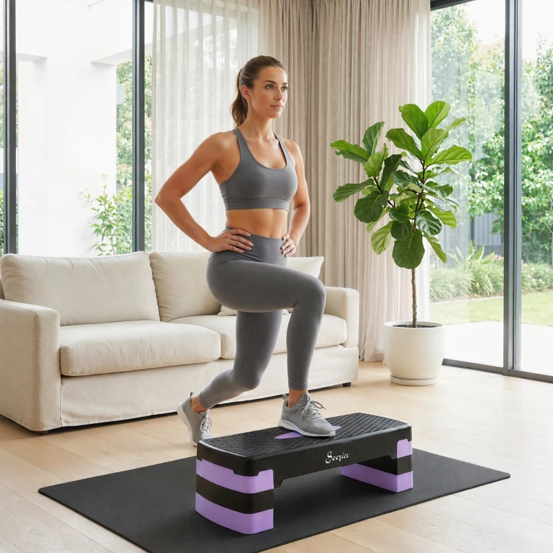 SPORTNOW Stepper Fitness Aérobic 3 Niveaux, Hauteur Réglable 10/15/20 cm avec Rehausses Surface Antidérapante 68x29x20cm Violet