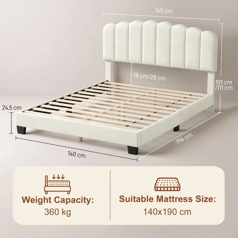 HOMCOM Cadre de Lit 140 x 190 cm avec Tête Réglable, Lit Double Rembourré en Velours, Sommier à 12 Lattes en Bois, Crème