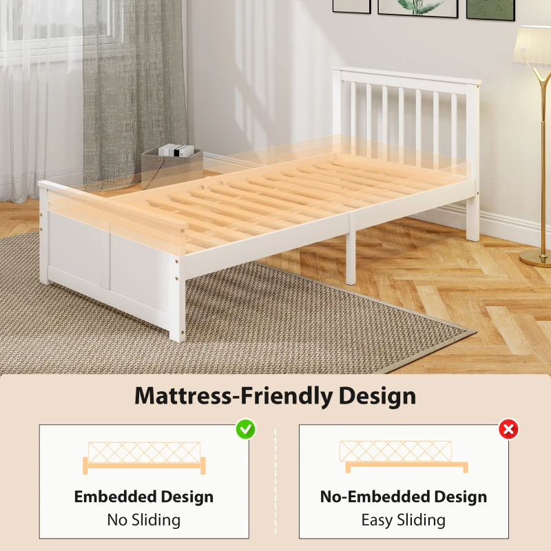 HOMCOM 90x190cm Solid Wood Bed Frame,  2 Wheeled Drawers, Headboard, Footboard, Slatted Base, White