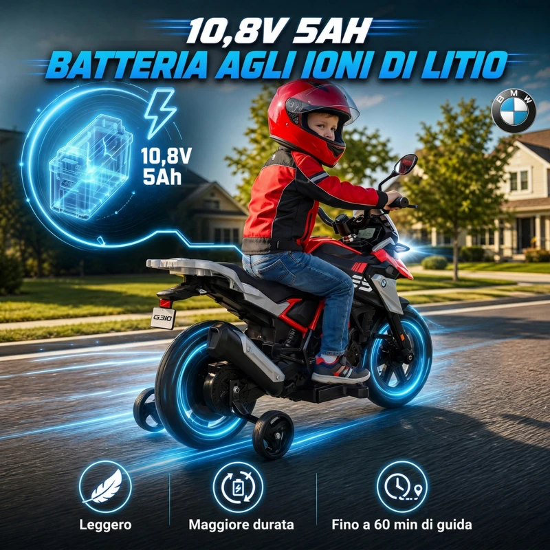 AIYAPLAY Moto Elettrica per Bambini 3-8 Anni 12V Licenza BMW G310 GS, Batteria al Litio, Rotelle Rimovibili, Rosso