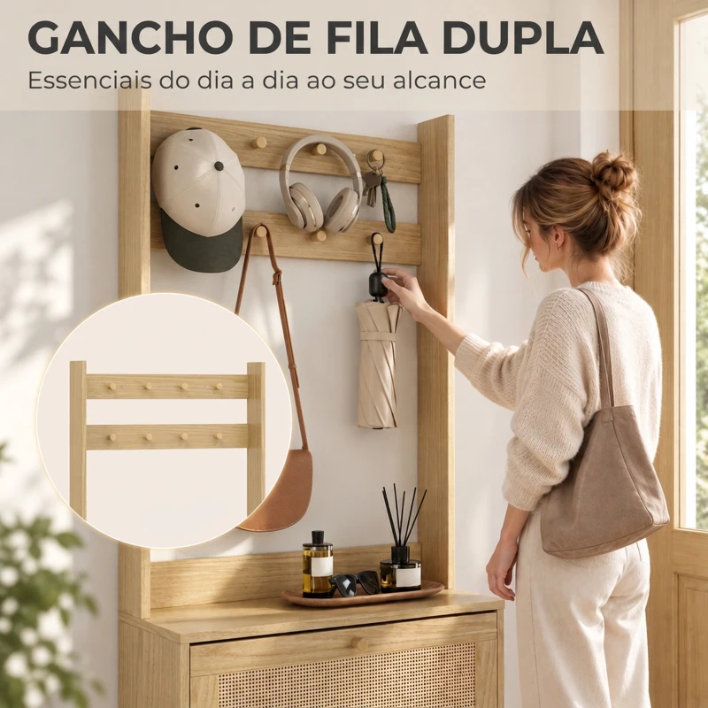 HOMCOM Bengaleiro Sapateira com 2 Gavetas Basculantes, Portas em Rattan, 8 Ganchos, Prateleira Superior e Estrutura em Madeira Natural