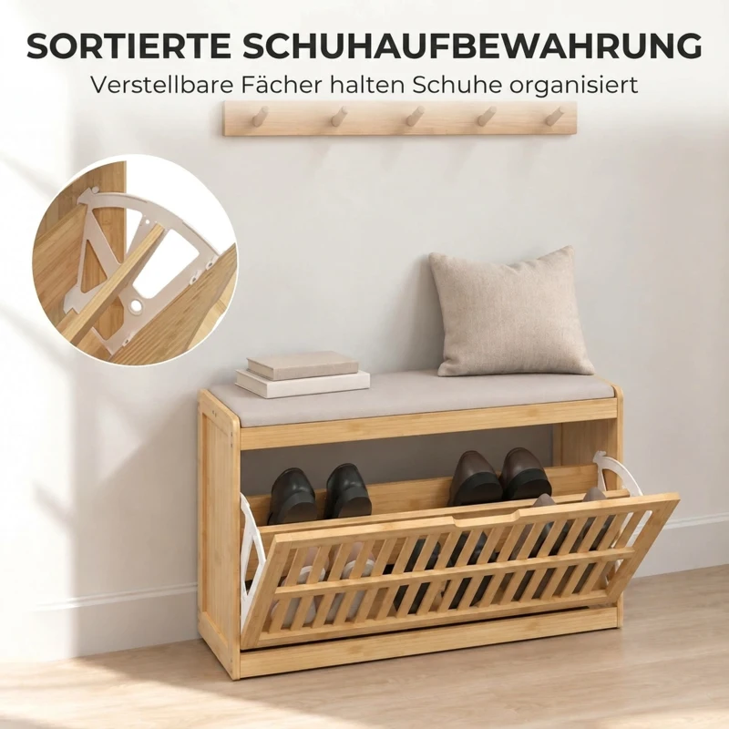HOMCOM Schuhbank mit Sitzfläche, Bambus Schuhregal mit belüftete Kippaufbewahrung Verstellbare Ablage Sitzkissen 80 x 30 x 48cm
