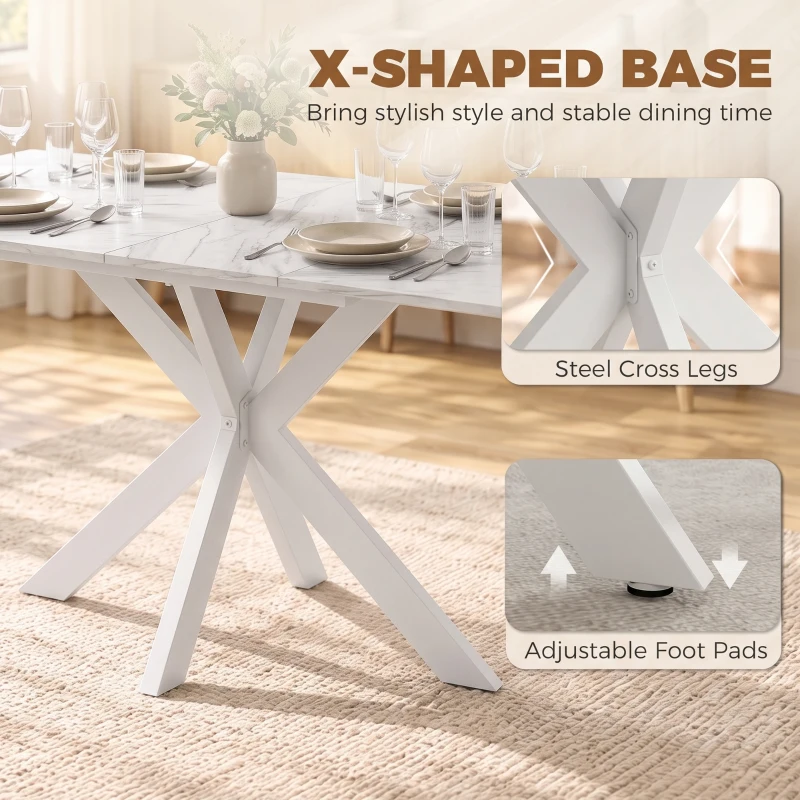 HOMCOM Extendable Dining Table Steel Cross Legs Steel Rails Space Saving White