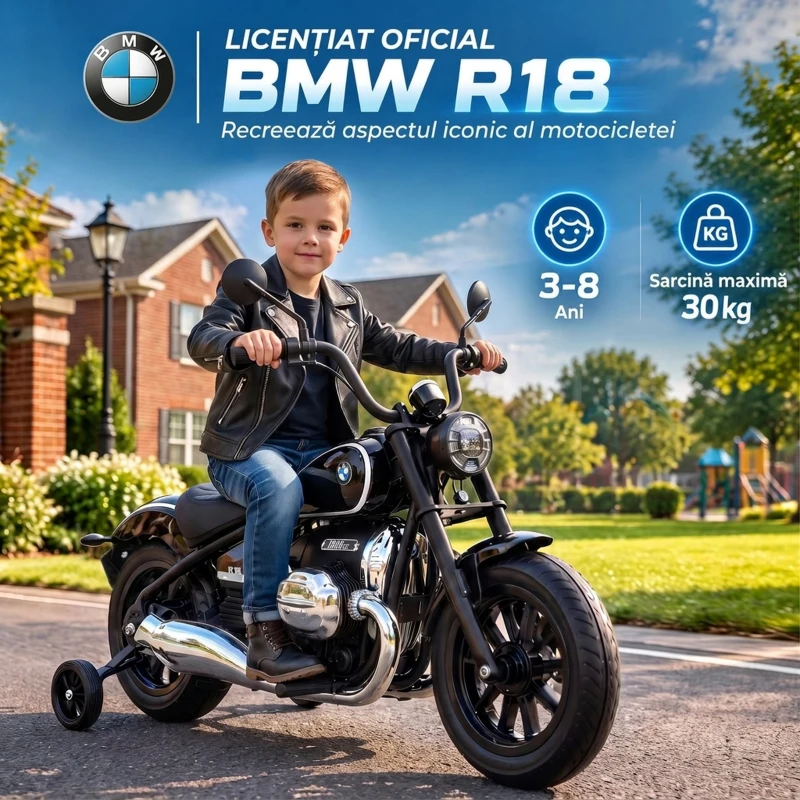 AIYAPLAY Motocicletă electrică pentru copii BMW R18 12V, baterie litiu, roți ajutătoare detașabile, far, muzică, negru
