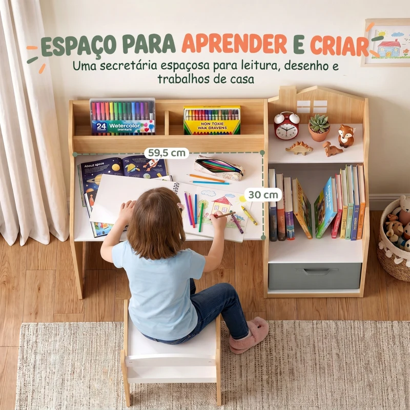 AIYAPLAY Secretária Infantil com Cadeira, Cesto de Tecido, Gaveta, 2 Compartimentos e Estantes, para Estudar e Desenhar, 3-8 Anos, Natural
