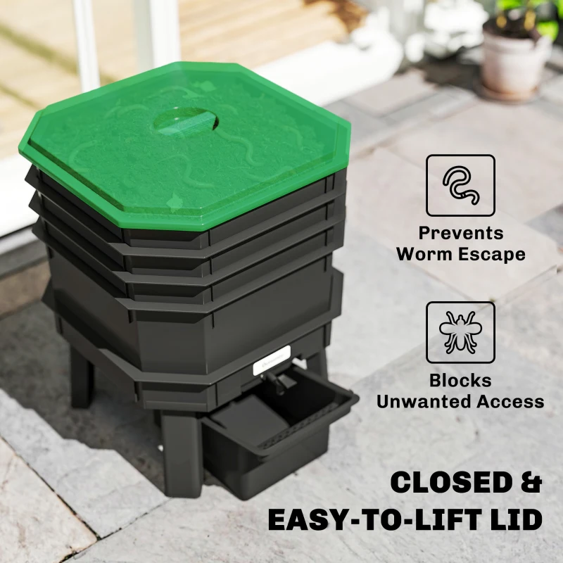 Outsunny 4-Tray Worm Composter Bin, 28L Worm Composter for Outdoor & Indoor Recycling Food Waste, Dark Green