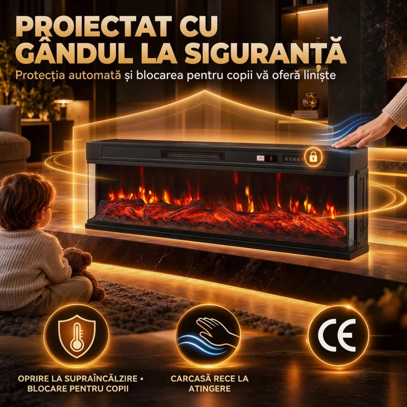 HOMCOM Șemineu electric de podea/încastrabil, 3 laturi, cu telecomandă, 750/1500W, efect flacără 3D, 12 culori, 5 niveluri de luminozitate