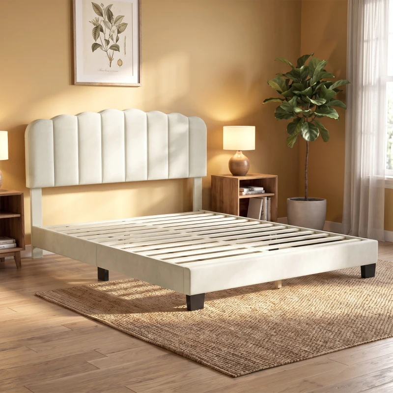 HOMCOM Cadre de Lit 140 x 190 cm avec Tête Réglable, Lit Double Rembourré en Velours, Sommier à 12 Lattes en Bois, Crème