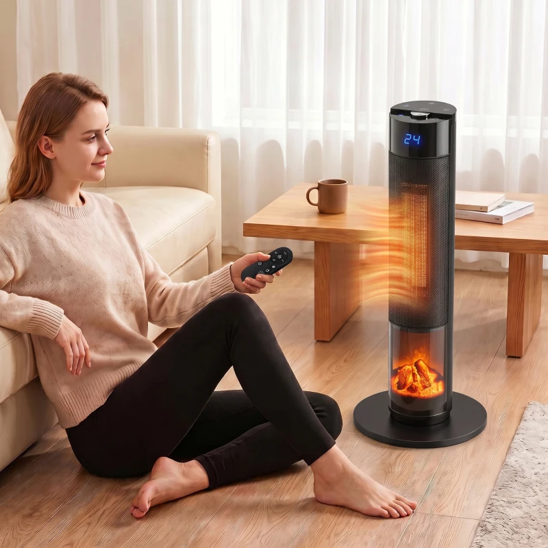 HOMCOM Calefactor Eléctrico Cerámico PTC 2000W con 5 Modos App Wi‑Fi Llama 3D Mando Protección Contra Sobrecalentamiento Negro