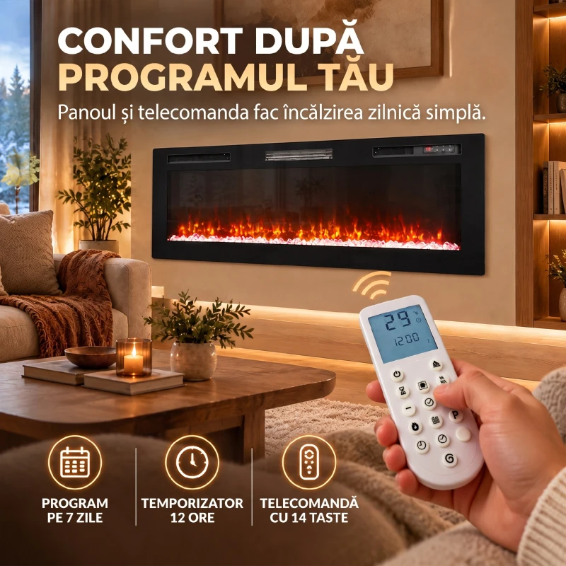 HOMCOM Șemineu electric 153 cm, încastrabil/de perete/de podea, ultrasubțire 8,3 cm, cu telecomandă, 900/1800 W, timer, negru