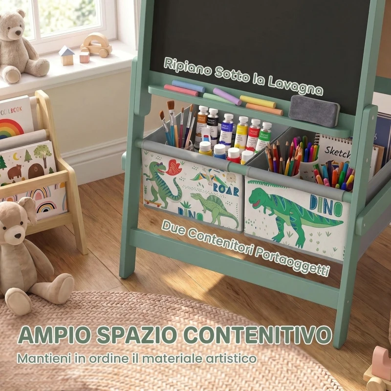 AIYAPLAY Lavagna per Bambini 3 in 1 a Doppia Facciata con Cavalletto, Rotolo di Carta, 2 Contenitori, 3-8 Anni, Verde