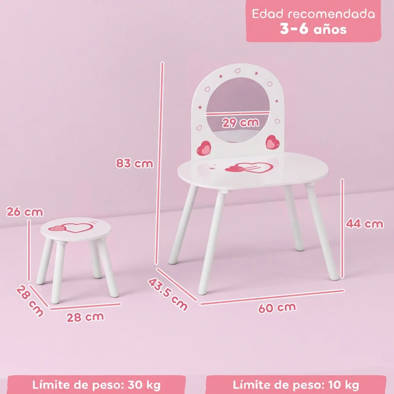 AIYAPLAY Tocador Infantil con Taburete y Espejo Tocador para Niñas con Dibujos de Corazones para Niños y Niñas de 3-6 Años Blanco