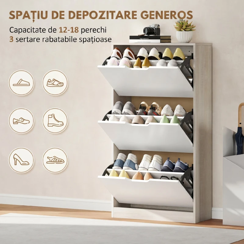 HOMCOM Dulap pentru Pantofi Economizor de Spațiu 3 Sertare Culoare Lemn E Alb