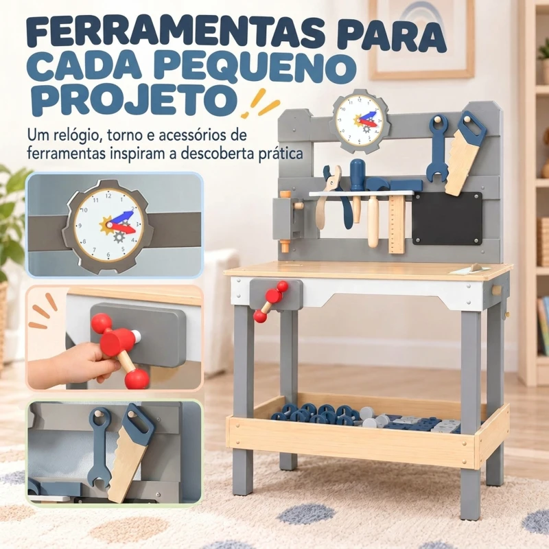 AIYAPLAY Bancada de Ferramentas Infantil em Madeira com Ferramentas Quadro e Prateleira 3-6 Anos Cinza