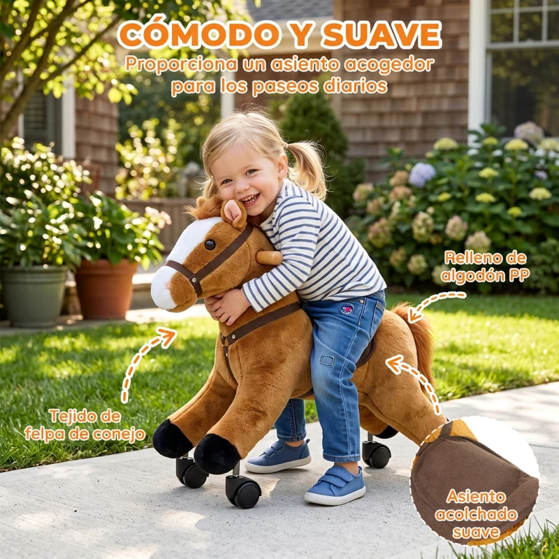 AIYAPLAY Caballo de Juguete para Montar con Ruedas, Correpasillos de Felpa con Sonidos de Cascos y Relinchos, Marco de Metal, Regalo para Niños y Niñas 18-36 Meses, Carga 50 kg, Marrón