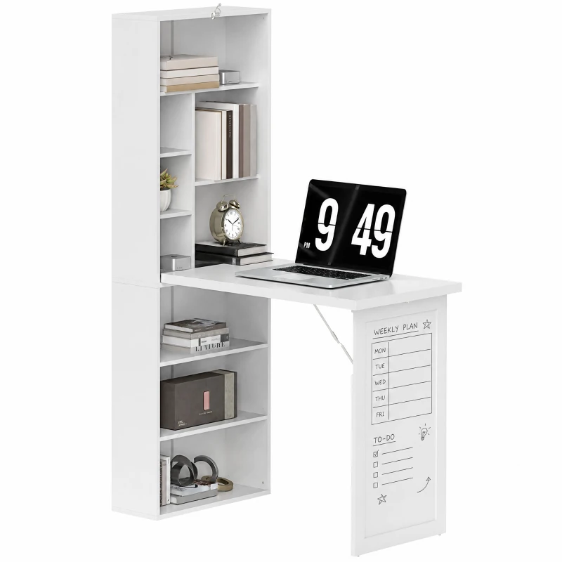 HOMCOM Birou modern pliabil cu bibliotecă și tablă, din lemn și metal, 98x51x153 cm, alb