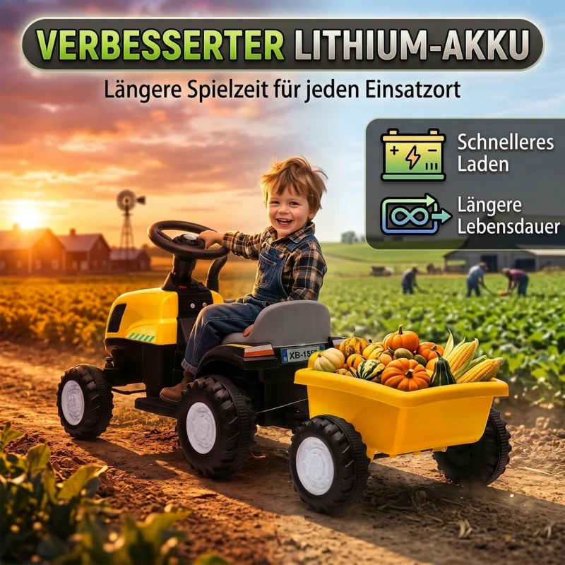 AIYAPLAY Elektrischer Kinder Traktor mit abnehmbar Anhänger Aufsitztraktor mit Lithium-Akku Fußpedal, Musik, Hupe Licht, Gelb