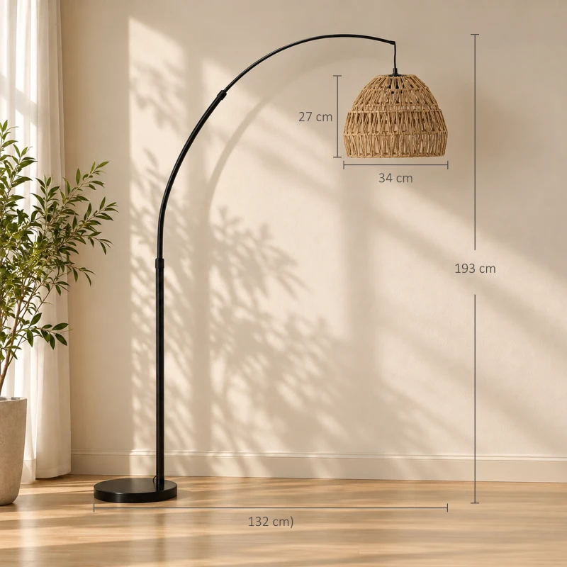 HOMCOM Bogen-Stehlampe mit doppeltem Papierseil-Schirm, Fußschalter, höhenverstellbar, Marmorfuß, Schwarz