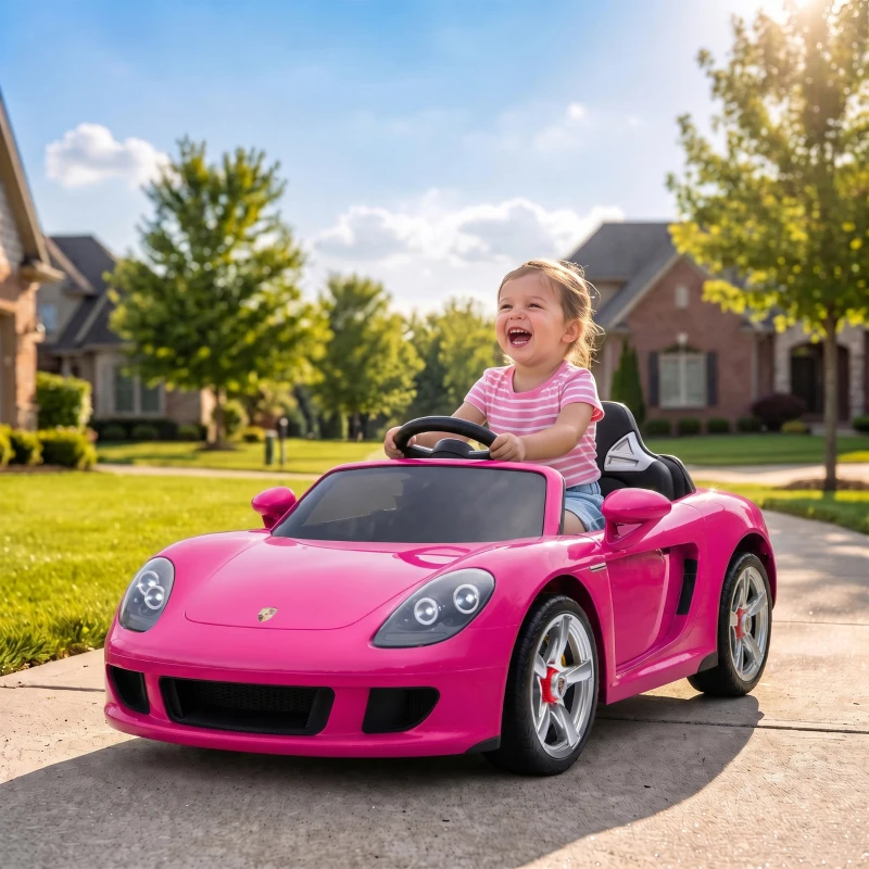 AIYAPLAY Porsche 12V elektrische kinderauto met lithium-accu, afstandsbediening, 2 motoren, softstart en achtervering