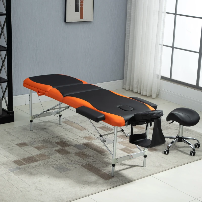 HOMCOM Camilla Masaje Plegable Camilla Estética Profesional de Aluminio de 3 Zonas con Respaldo Altura Ajustable 9 Niveles Reposacabezas Extraíble Reposabrazos Bolsa para Spa 210x81cm Negro y Naranja
