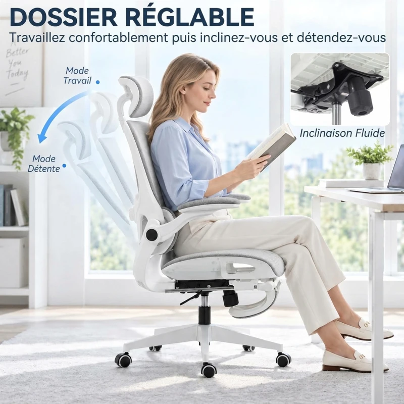 HOMCOM Chaise Bureau Ergonomique Inclinable en Maille, Support Lombaire, Appui-Tête, Accoudoirs Relevables, 62x66x126cm, Gris
