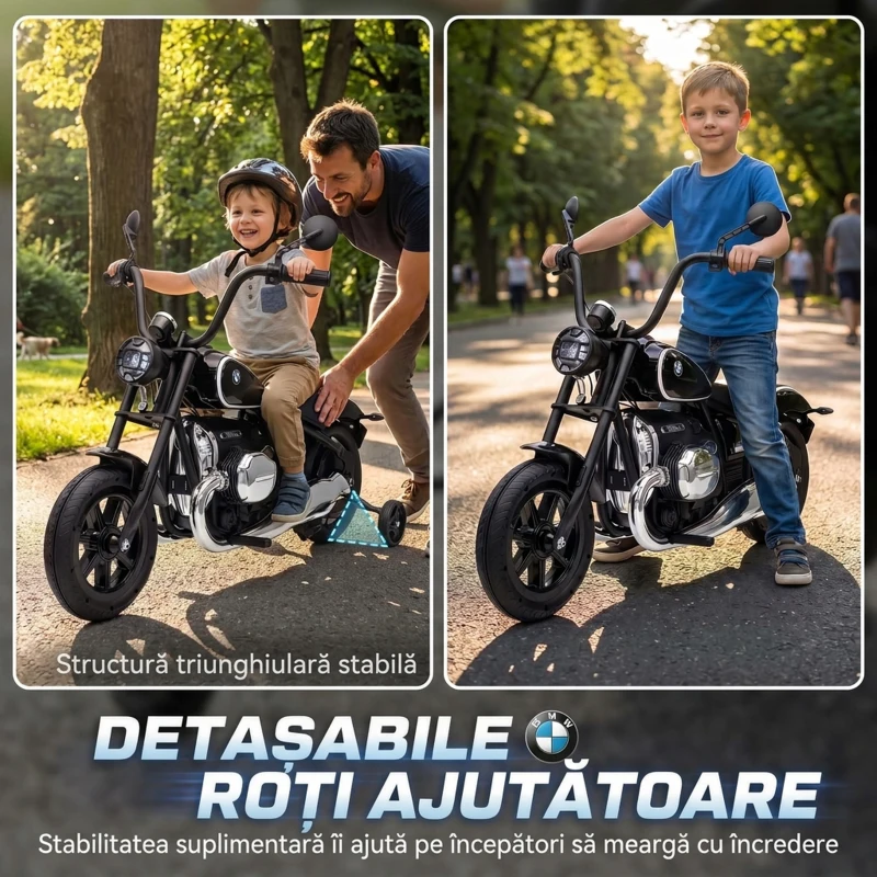AIYAPLAY Motocicletă electrică pentru copii BMW R18 12V, baterie litiu, roți ajutătoare detașabile, far, muzică, negru
