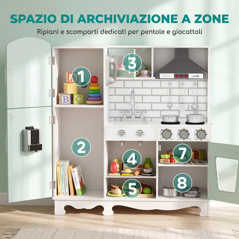 AIYAPLAY Cucina Giocattolo per Bambini in Legno con Luci, Suoni, Accessori, Frigo, Forno, Macchina Caffè, Verde Chiaro