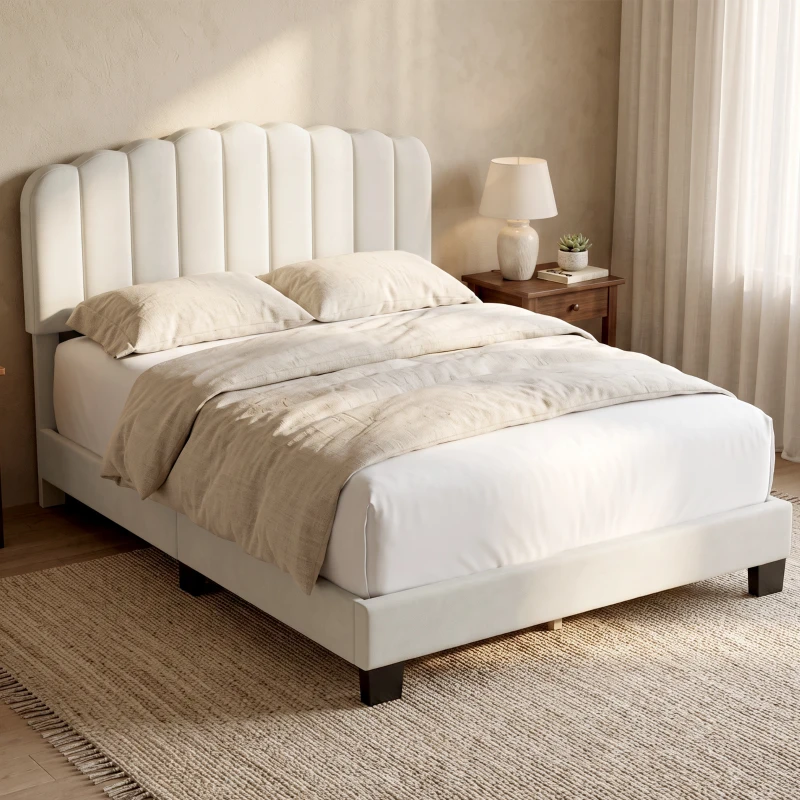 HOMCOM Cadre de Lit 140 x 190 cm avec Tête Réglable, Lit Double Rembourré en Velours, Sommier à 12 Lattes en Bois, Crème