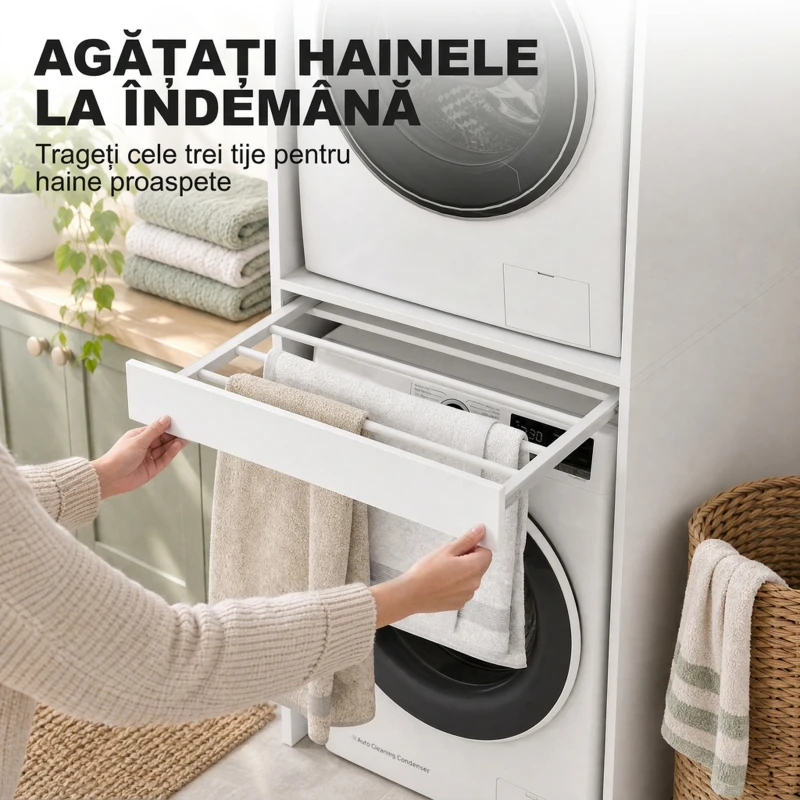 HOMCOM Dulap Compact pentru Mașină de Spălat și Uscător cu Suport Extensibil pentru Haine, Alb
