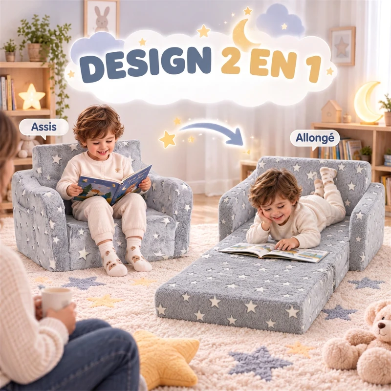 AIYAPLAY Canapé enfant 2 en 1, fauteuil pour enfant avec étoiles phosphorescentes, dépliable en méridienne, gris