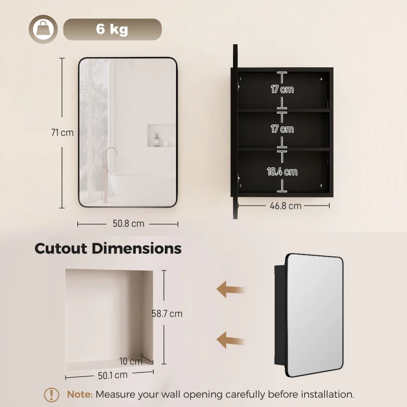 HOMCOM 50.8 x 11.6 x 71 cm Bathroom Mirror Cabinet, Wall Cabinet with Adjustable Shelves, Wall-Mounted or Recessed, Black