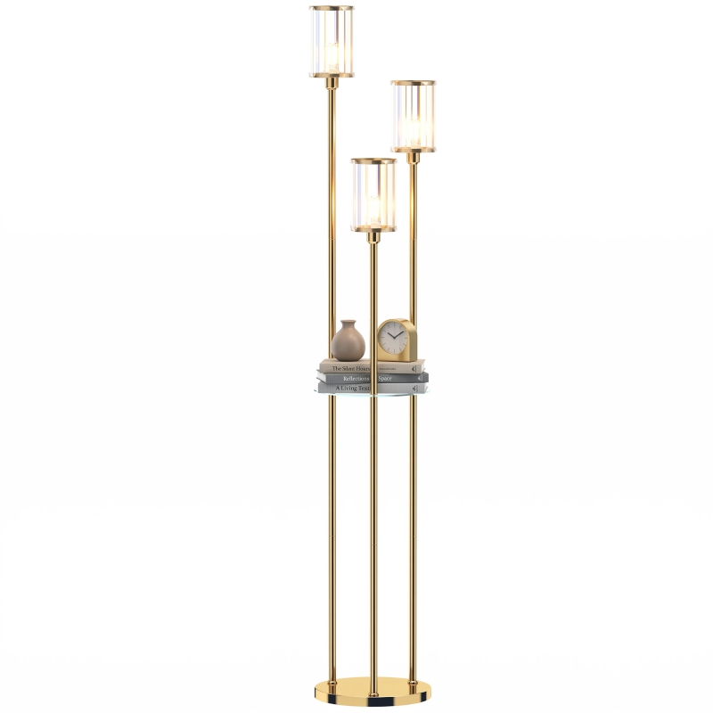 HOMCOM Lampadaire Étagère Verre 3 Lumières Lampe sur Pied Abat-jour Verre Doré