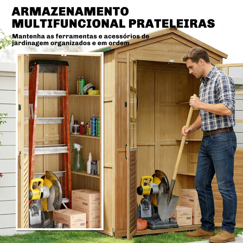 Outsunny Armário de Jardim em Madeira com Prateleiras, Janelas Acrílicas, Telhado Asfáltico e Portas com Fecho, Castanho Claro