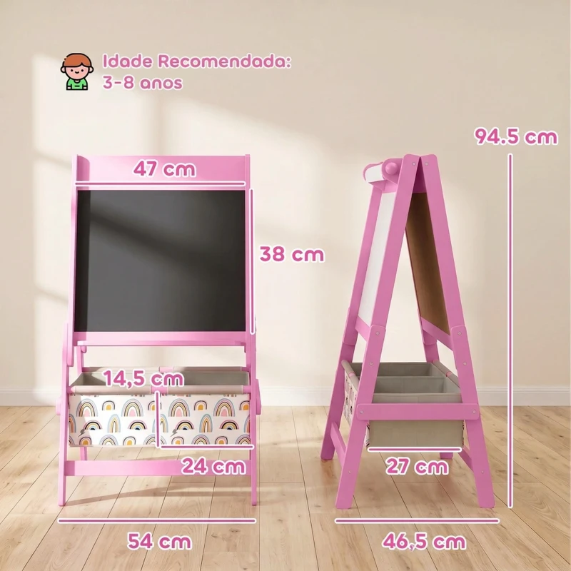 AIYAPLAY Cavalete Infantil 3 em 1 com Quadro de Giz, Quadro Branco, Rolo de Papel e Arrumação, Rosa, 3-8 Anos