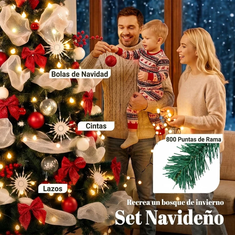 HOMCOM Árbol de Navidad Predecorado 180 cm con 200 LED 8 Modos 800 Ramas Mando y Base Plegable Funciona con USB Verde y Rojo