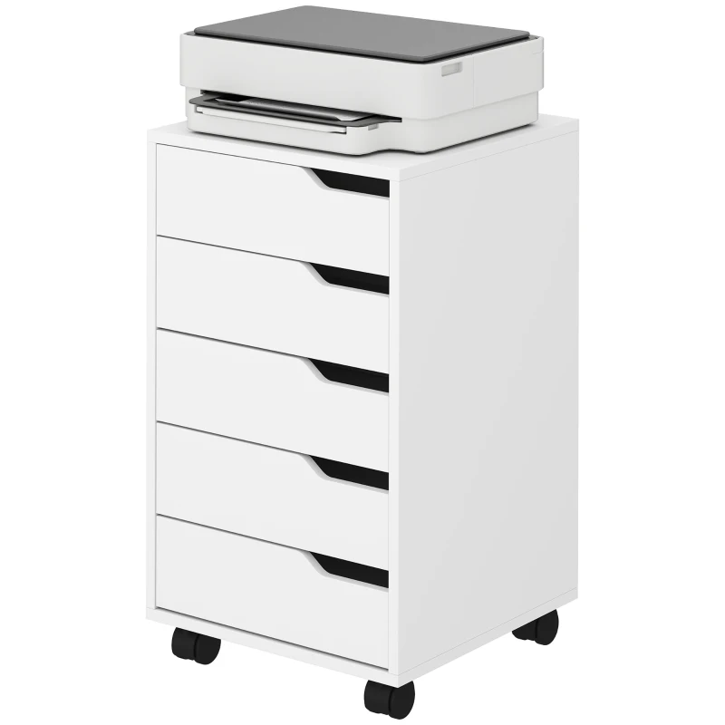 HOMCOM Gaveteiro de Escritório com 5 Gavetas, Rodas e Suporte para Impressora, Branco
