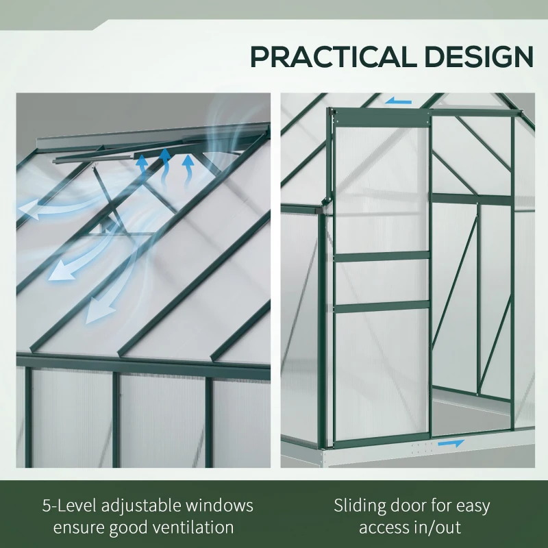 Outsunny Sera din aluminiu kit si policarbonat cu ventilatie, 190 x 375cm, Verde
