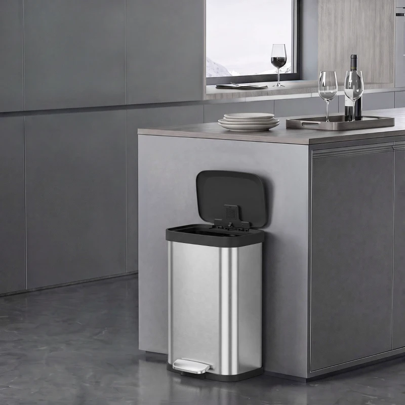 HOMCOM Poubelle de Cuisine 50 L en Acier Inoxydable, Pédale, Couvercle à Fermeture Douce, Compartiment Désodorisant, Argenté