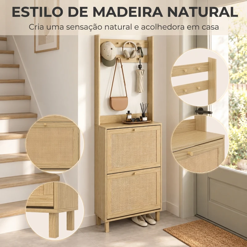 HOMCOM Bengaleiro Sapateira com 2 Gavetas Basculantes, Portas em Rattan, 8 Ganchos, Prateleira Superior e Estrutura em Madeira Natural