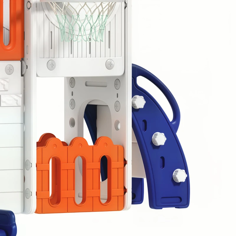 AIYAPLAY 7 in 1 Toddler Slide Set with Basketball Hoop, Climbing Frame, Telescope, Drawing Board, Storage Box, Orange