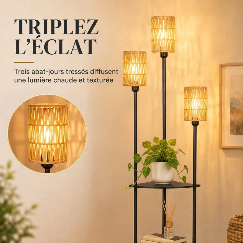 HOMCOM Lampadaire interrupteur pied Lampe sur Pied 3 étagères Noir