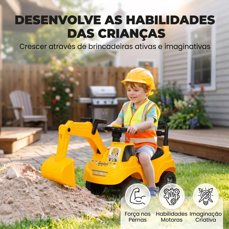 AIYAPLAY Escavadora sem Pedais para Crianças 1-3 Anos com Buzina de Ar Braço Escavador e Arrumação 15 kg Amarelo