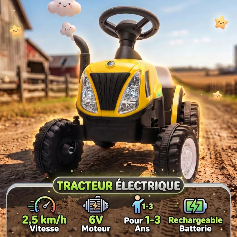 AIYAPLAY Tracteur Électrique Enfants 6 V avec Remorque Amovible, Voiture Électrique Enfants, Batterie au Lithium, 1-3 ans, Jaune